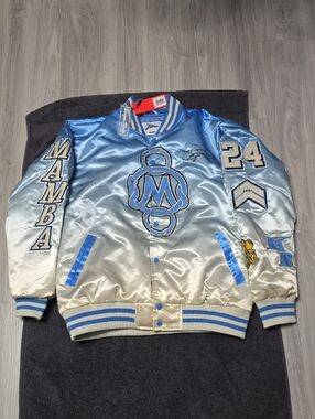 Mamba Satin Bomber Jacket in Light Blue/White - Kobe Tribute